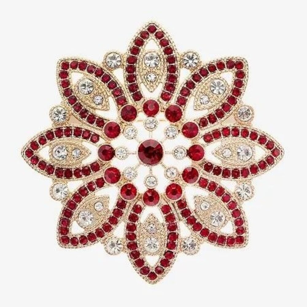 Monet Jewelry Christmas Poinsettia Glass Flower Pin Red Gold Large Brooch Gift